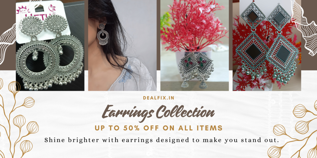 Dealfix.in earrings collection banner featuring oxidized silver jhumka and designer earrings with up to 50% off offer
