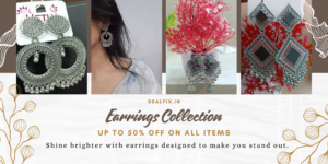 Dealfix.in earrings collection banner featuring oxidized silver jhumka and designer earrings with up to 50% off offer